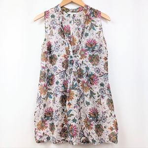 Cabi Tunic Blouse Silk Paisley Floral Pleated Pintuck Detail Sleeveless V-Neck S